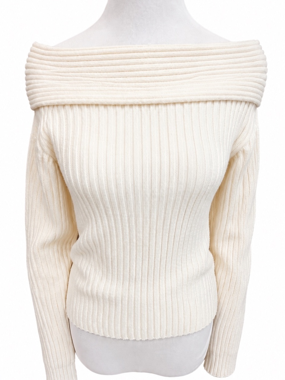 Off-Shoulder Ribbed Cream Sweater Small